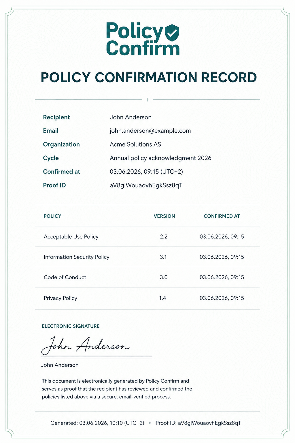 Policy confirmation record certificate with recipient, policies, and electronic signature