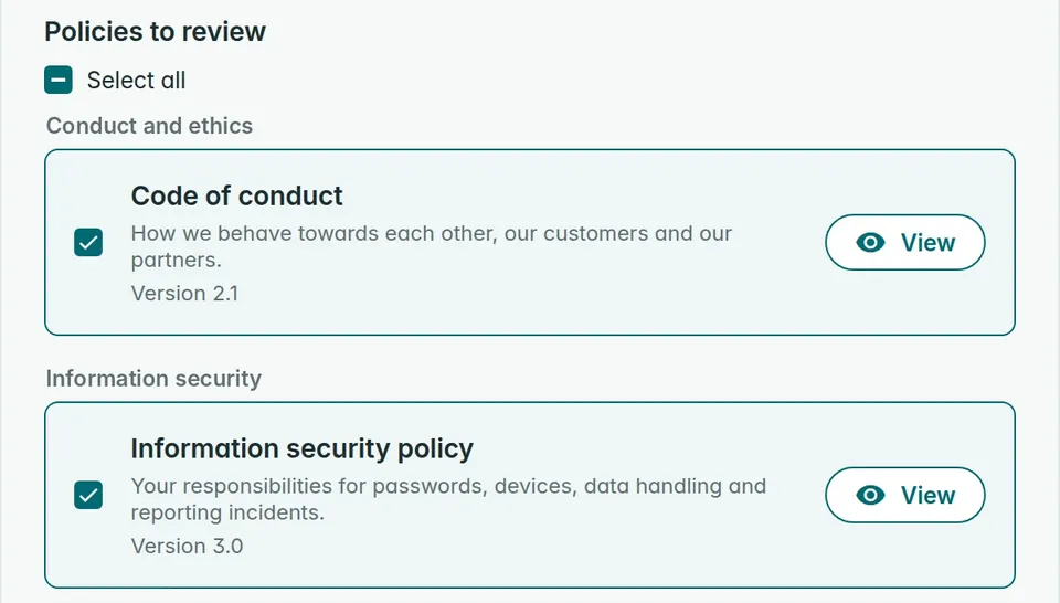 The confirmation page with the policies under category headings, Conduct and ethics and Information security, each policy with a description, its version and a View button