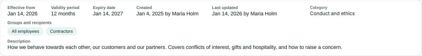 The details of a policy in Policy Confirm: effective from, validity period of 12 months, expiry date, created and last updated by whom, the category Conduct and ethics, and the groups All employees and Contractors