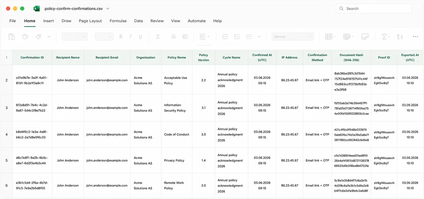 CSV confirmation records example with timestamps and recipient details