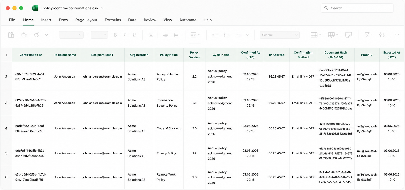 CSV confirmation records example with timestamps and recipient details