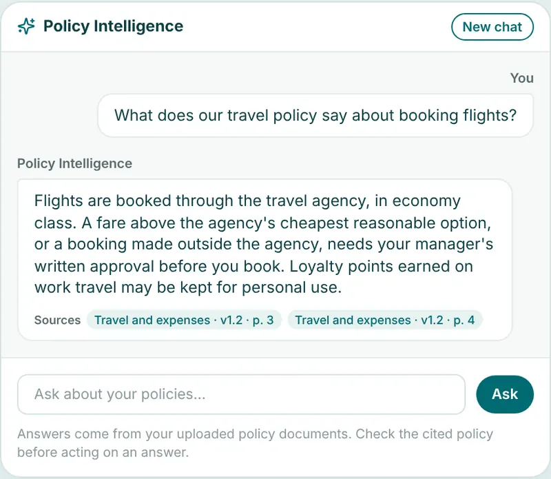 A Policy Intelligence answer: what the travel policy says about booking flights, with the two pages of the policy it cites