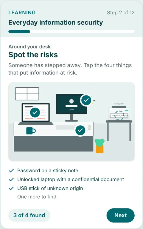 A Learning course on a phone: an office scene where the person finds the information risks, three of four found