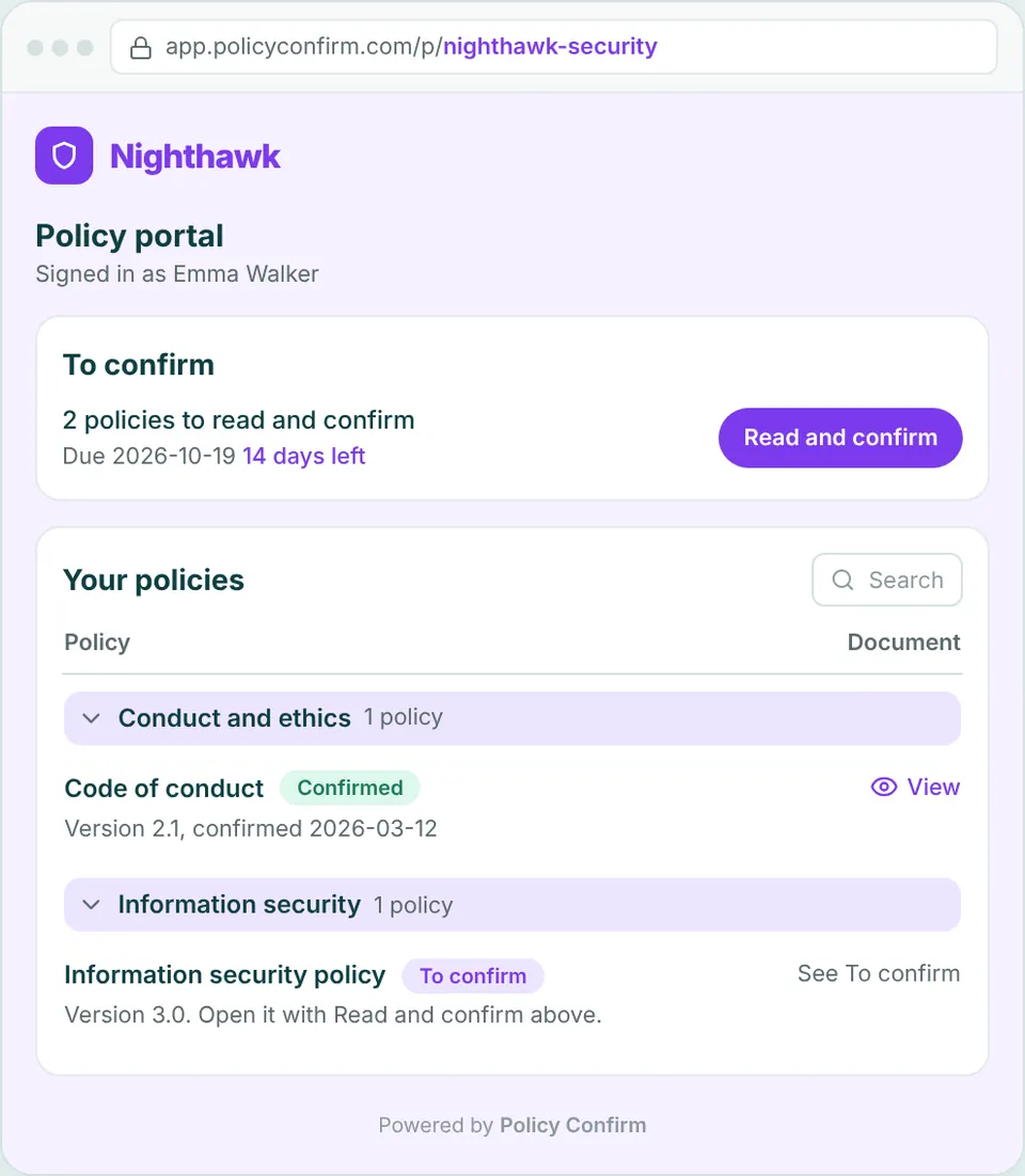 The policy portal with a customer's own logo and color: policies to read and confirm by a deadline, and the table of every policy in the organization's categories
