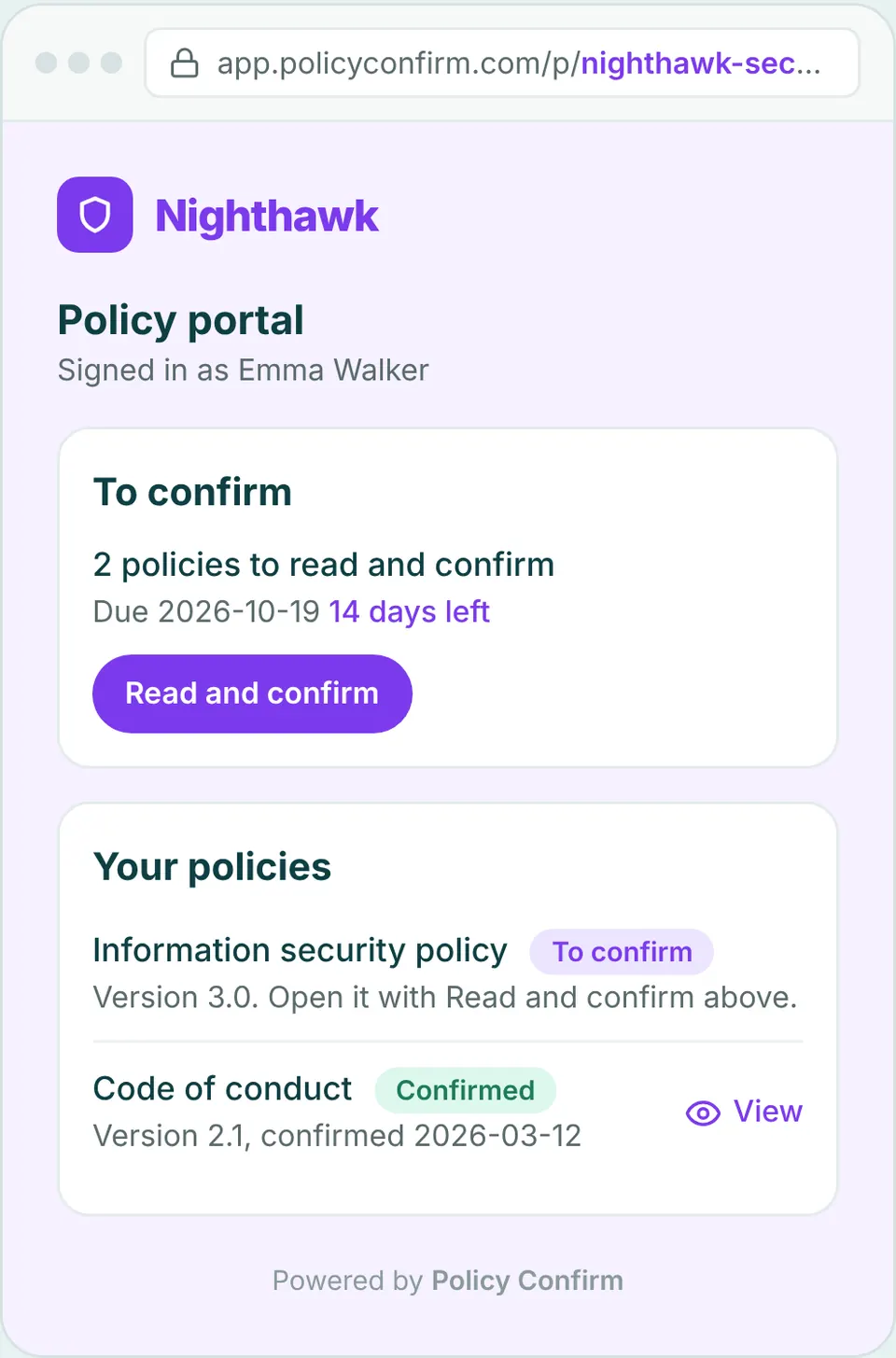 The policy portal for an example company, with its logo, a policy waiting to be confirmed with its deadline, and the policies the person has already confirmed