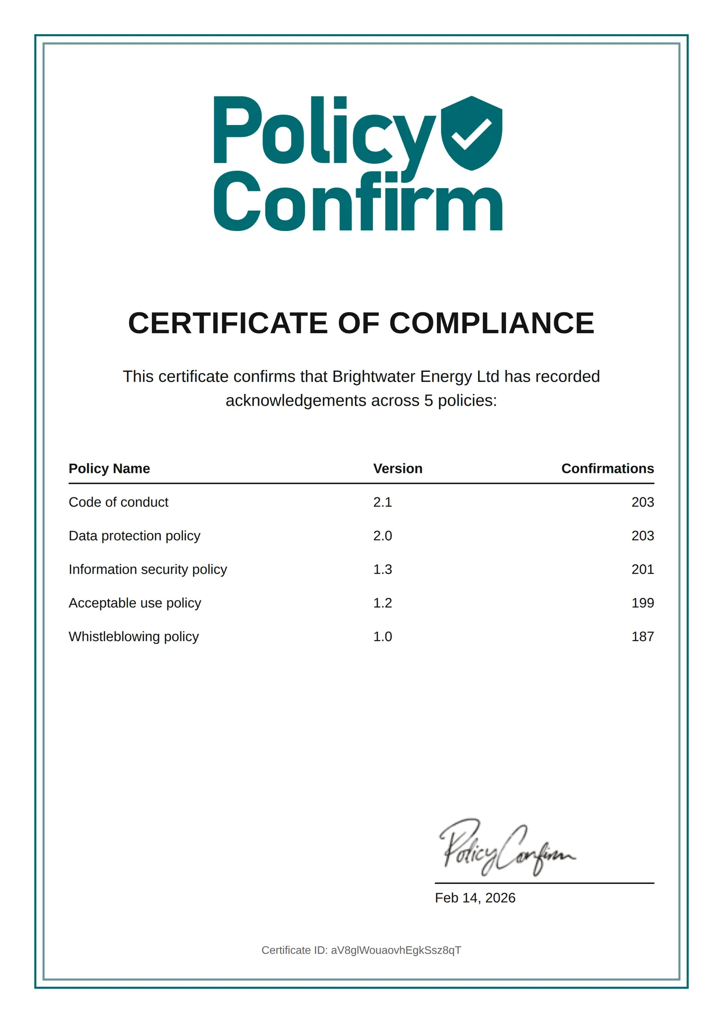 Organization certificate of compliance showing acknowledgements across all policies