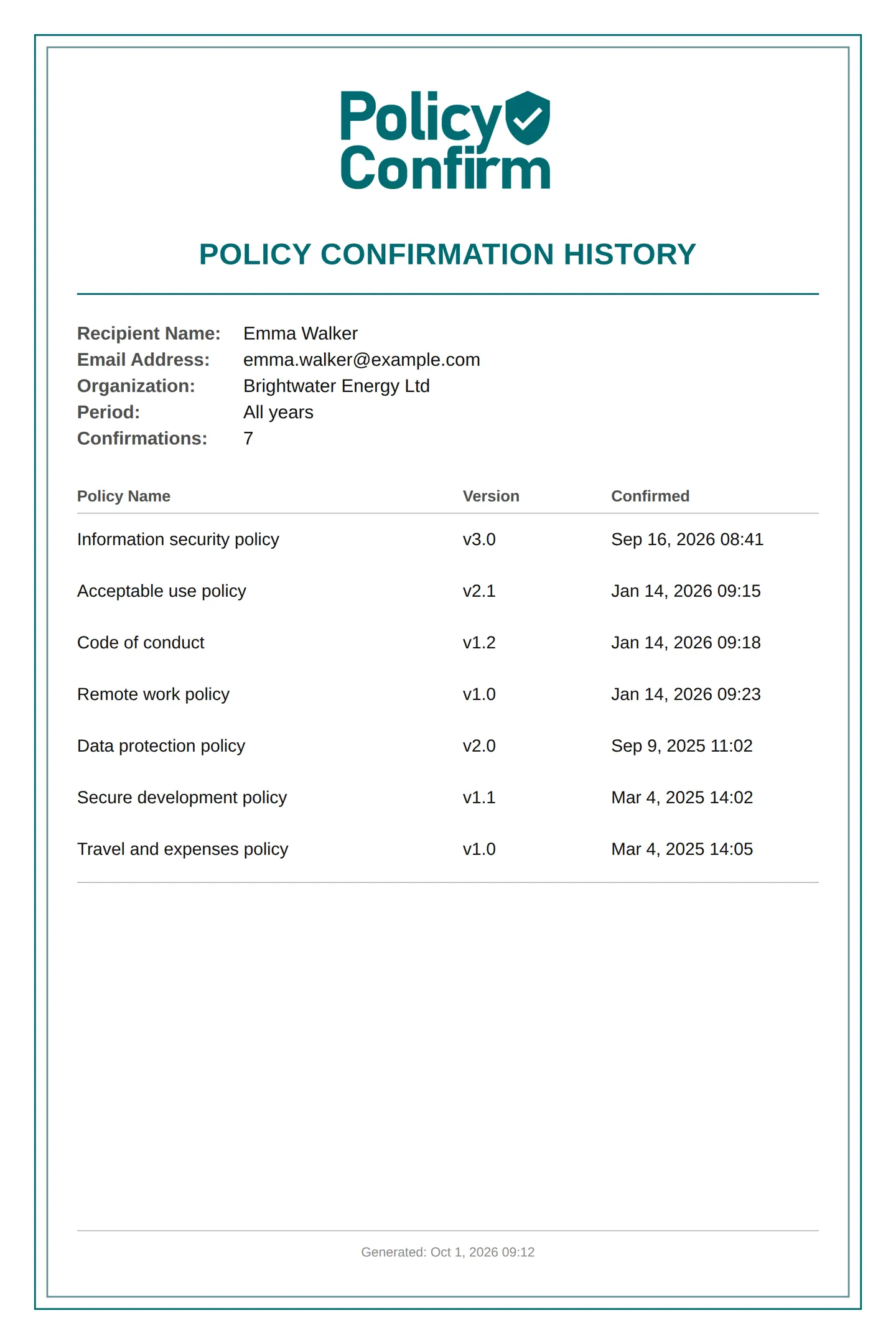 A per-person confirmation history as a PDF: every policy the person confirmed, with version, cycle and date
