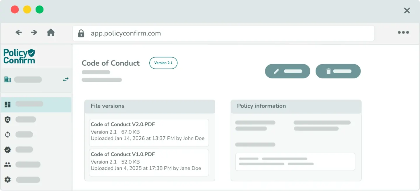 Policy Confirm policy detail view showing file versions, upload timestamps, and version history