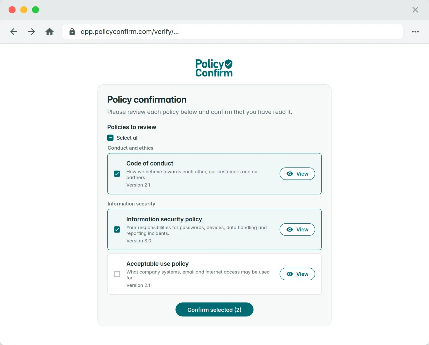Policy Confirm recipient confirmation page: the policies to read and confirm, under the organization's own category headings, each with a checkbox and a View button