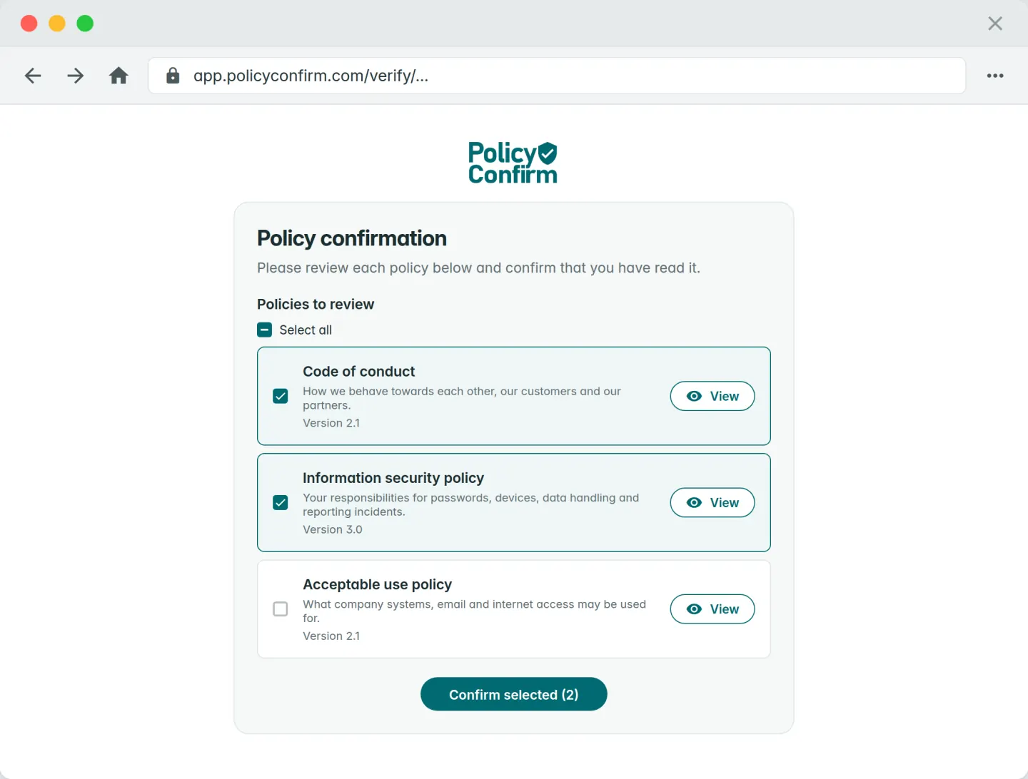 The confirmation page a recipient sees: the policies assigned to them, each with a View link and a checkbox, and one Confirm button