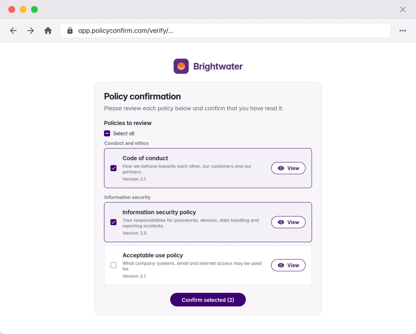 The confirmation page in an organization's own brand: its logo at the top and its color on the checkboxes, the selected policies and the confirm button