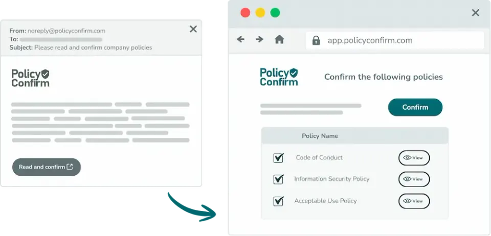 Illustration of the recipient experience: email with link to confirmation page