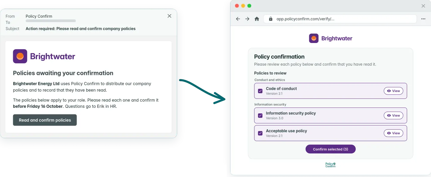The same email and confirmation page with a customer's own logo, message and purple accent color
