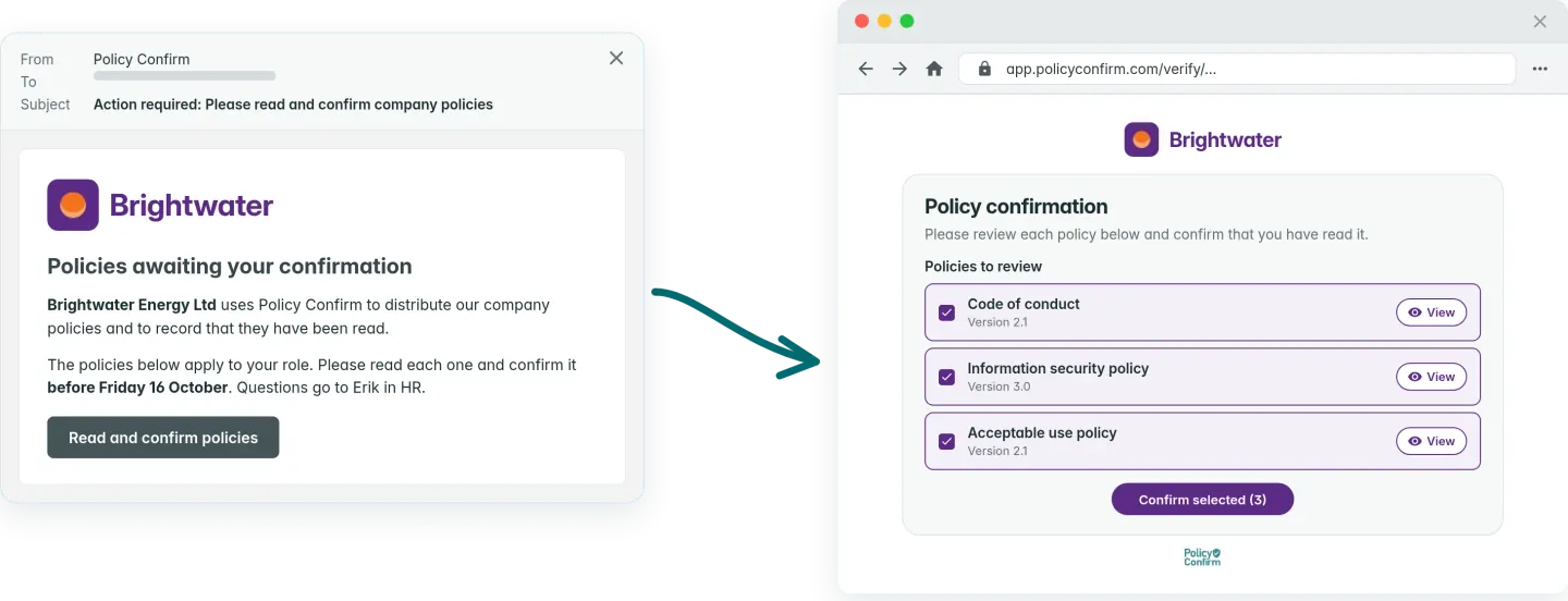 The same email and confirmation page with a customer's own logo, message and purple accent color