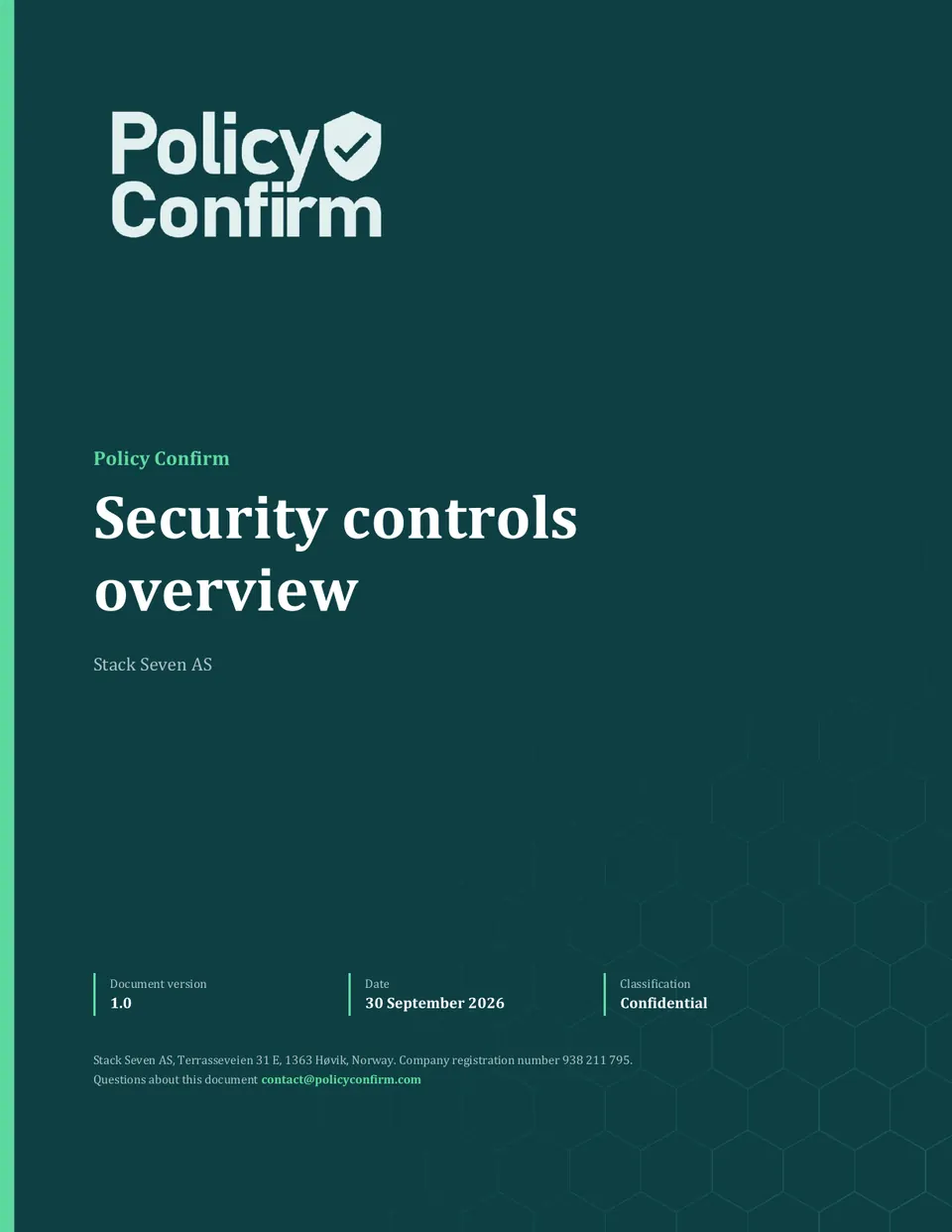 Cover of the Policy Confirm security controls overview, version 1.0, dated 30 September 2026, classified confidential