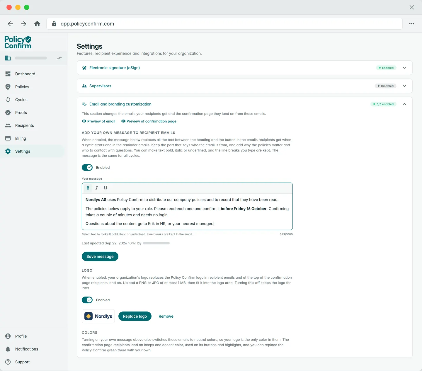 Policy Confirm settings panel for email and branding customization, with the message editor, the logo and the colors section