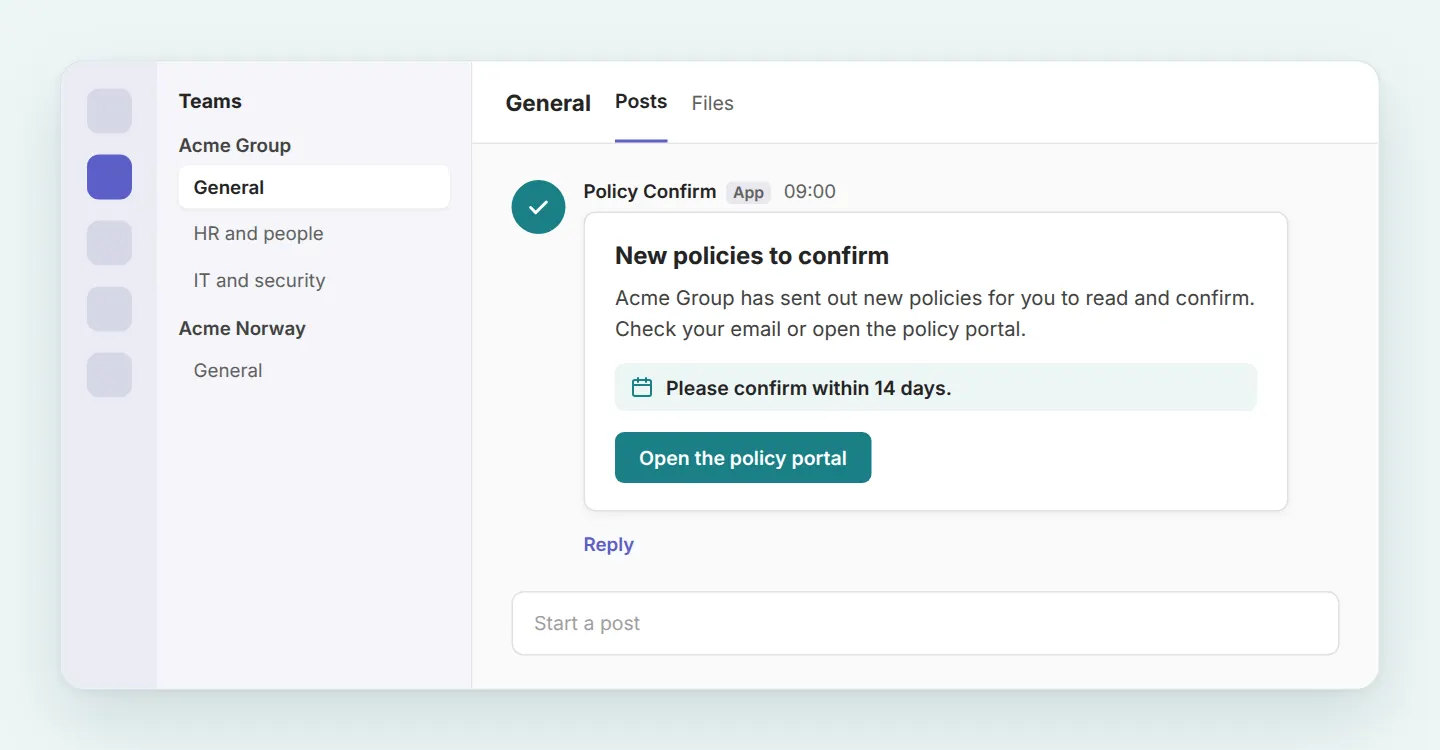 A notice in a Microsoft Teams channel from Policy Confirm: new policies to read, the organization's name, the deadline in a shaded band and an Open policy portal button