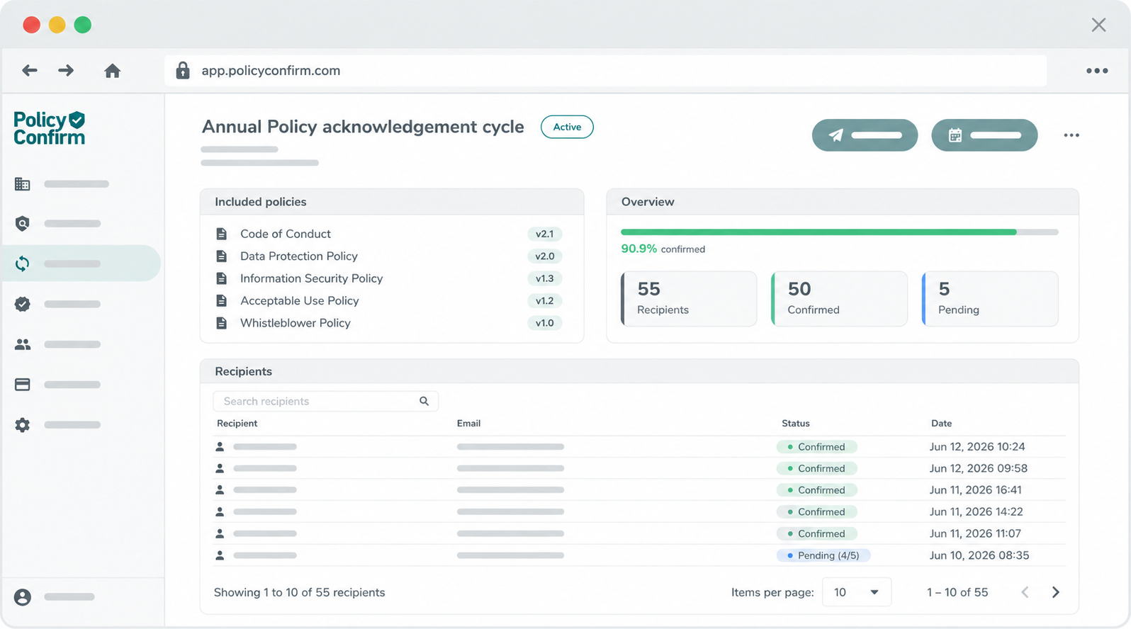 Policy Confirm dashboard showing annual policy acknowledgement cycle with recipient status and confirmation overview